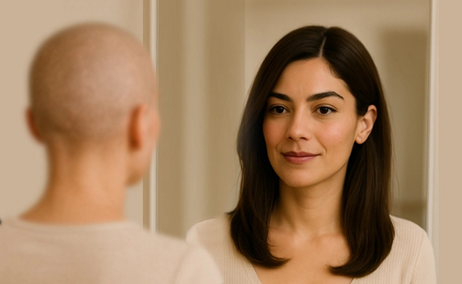 Γυναίκα κοιτιέται στον καθρέφτη και φαίνεται το πριν μετά της ιατρικής περούκας.